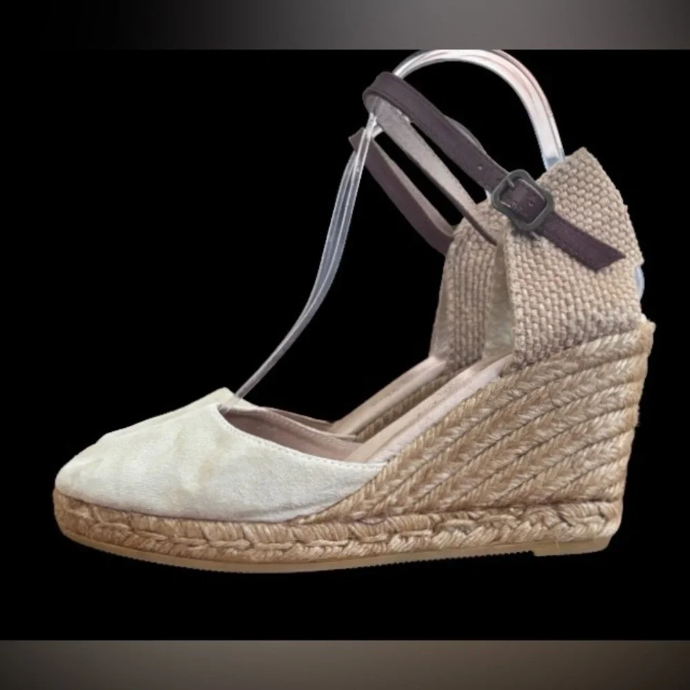 Giamo Anthro beige suede 3” wedge heel espadrilles w brwn lthr strp SZ 8 coastal